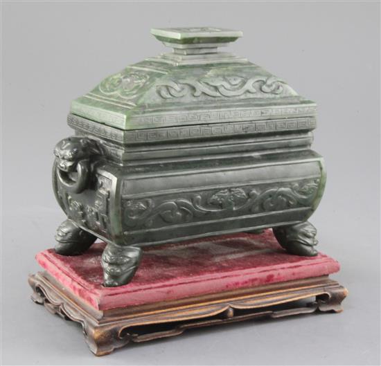 A Chinese spinach green jade fang ding censer and cover